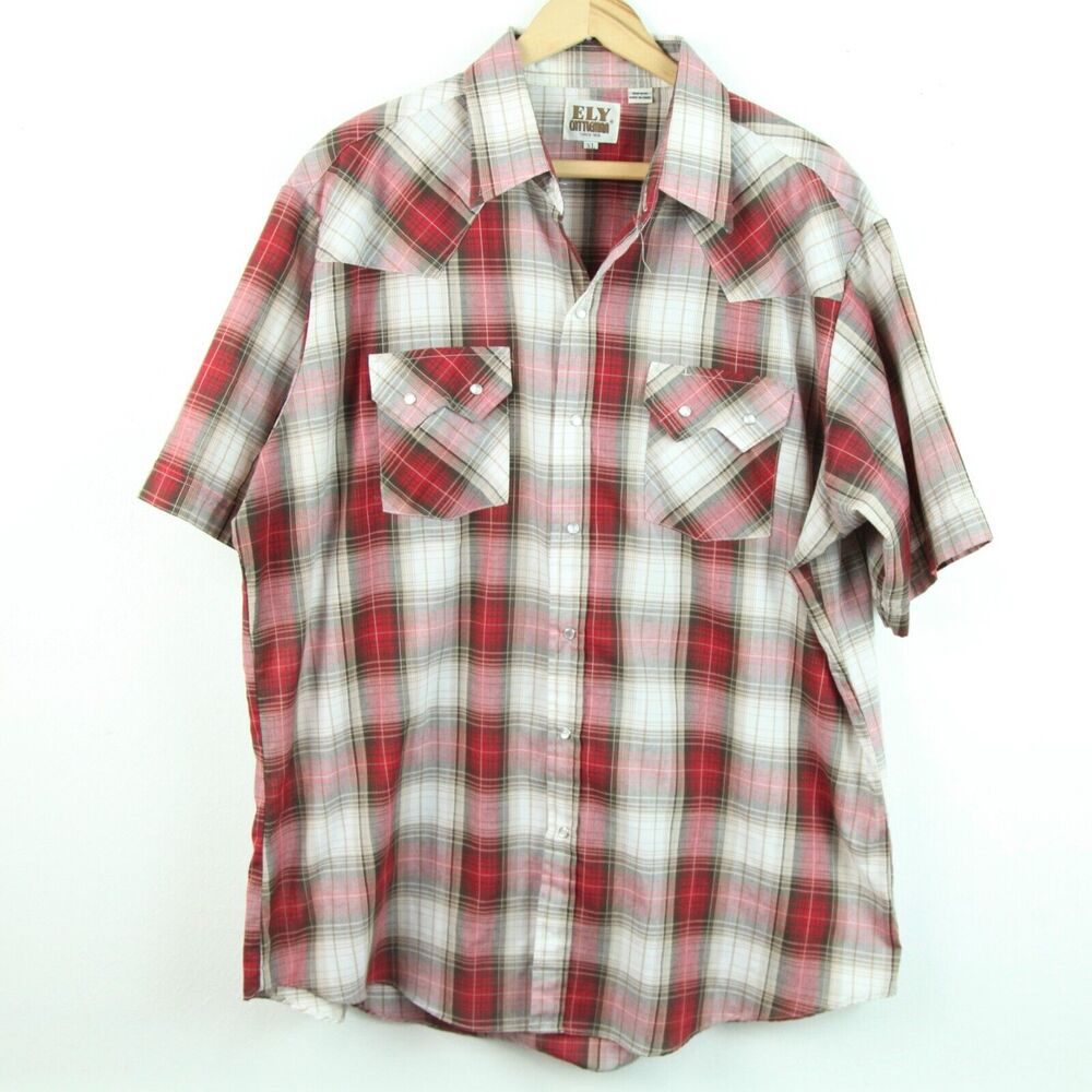 Ely Cattleman XL Shirt Pearl Snap Plaid Western Cowboy Retro Red Short Sleeve